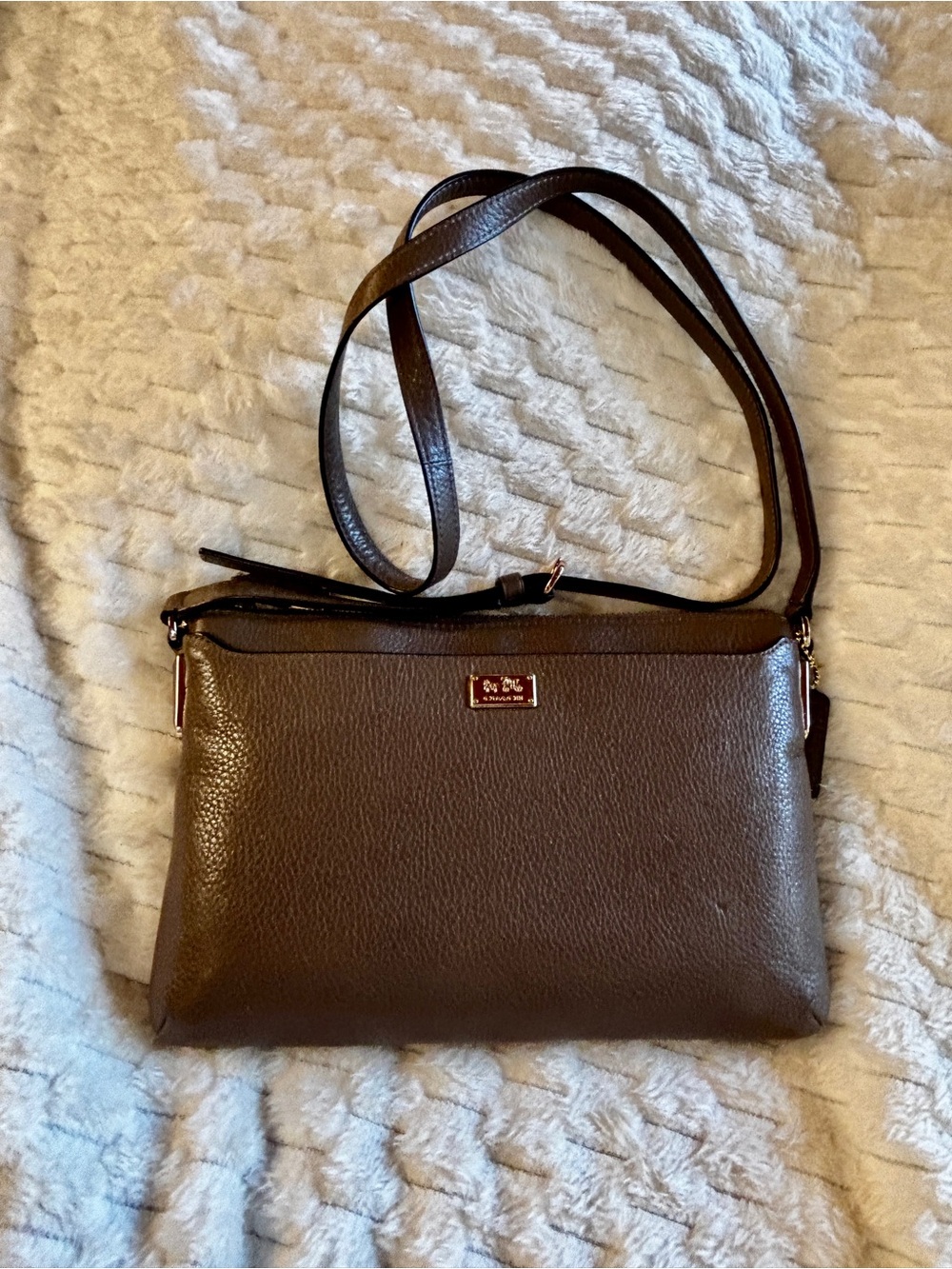 Coach Pebbled Leather Slim Crossbody Taupe Gold Hardware
